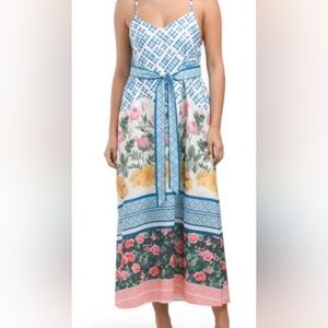 NWT - Dalia MacPhee Multi Floral Print Tie Shou Belted Waist Midi Dress -Size XL